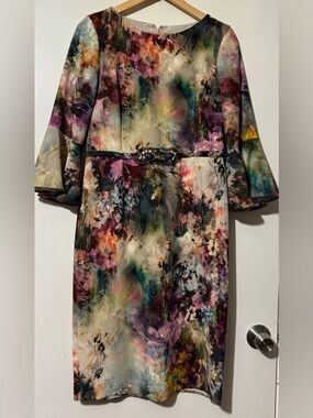 Rickie Freeman for Teri Jon Multicolor Floral Watercolor Midi Dress